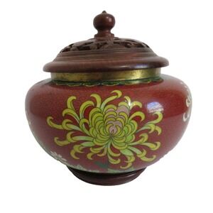 Vintage‎ 6.5" Tall Chinese Cloisonné Floral Bowl with Wooden Lid & Wood Base